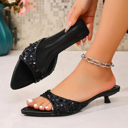 KissICON Shiny Sequin Low Heels Sandals for Women Plus