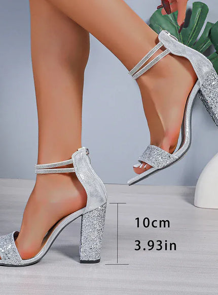 KissICON Shiny Sequin Silver High Heels Sandals Women Crystal