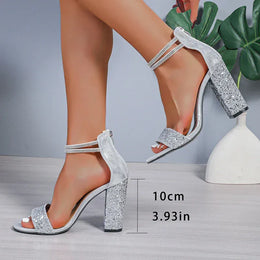 KissICON Shiny Sequin Silver High Heels Sandals Women Crystal