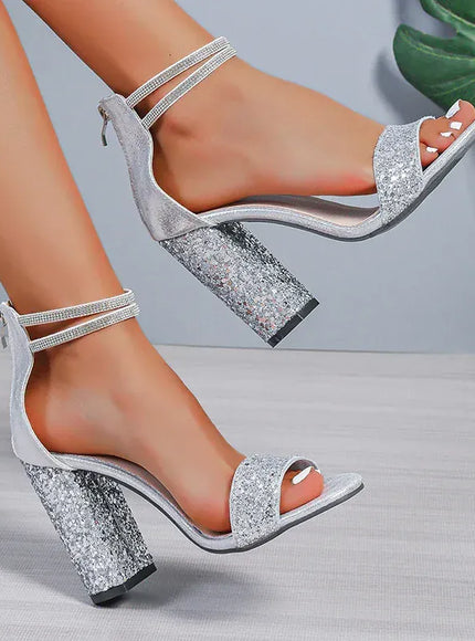 KissICON Shiny Sequin Silver High Heels Sandals Women Crystal
