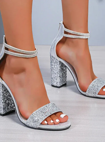 KissICON Shiny Sequin Silver High Heels Sandals Women Crystal
