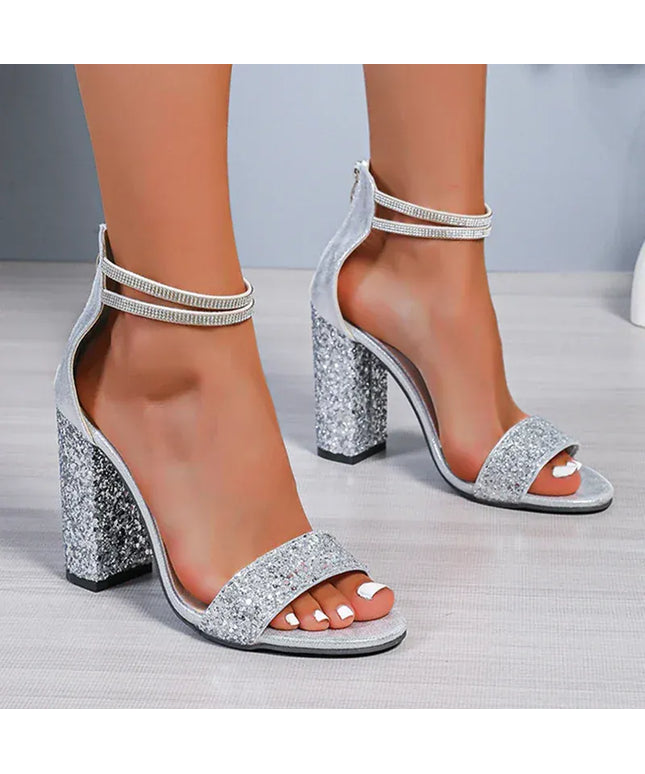KissICON Shiny Sequin Silver High Heels Sandals Women Crystal