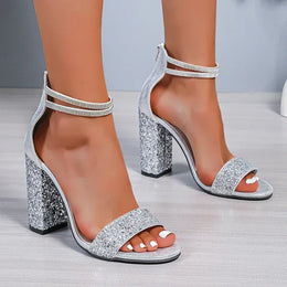 KissICON Shiny Sequin Silver High Heels Sandals Women Crystal