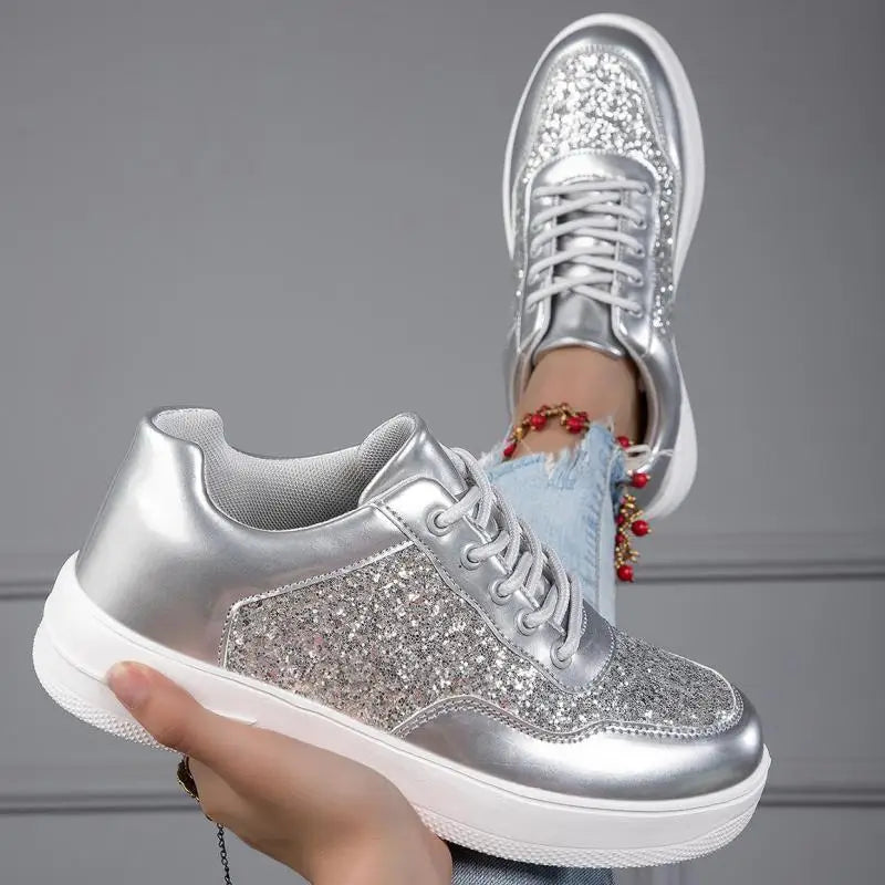 Dropshipman Shiny Silver Women Casual Shoes Leather Platform Sports Shoes Woman Glitter Bling Sneakers Black Flat Sneakers Skateboard Shoes