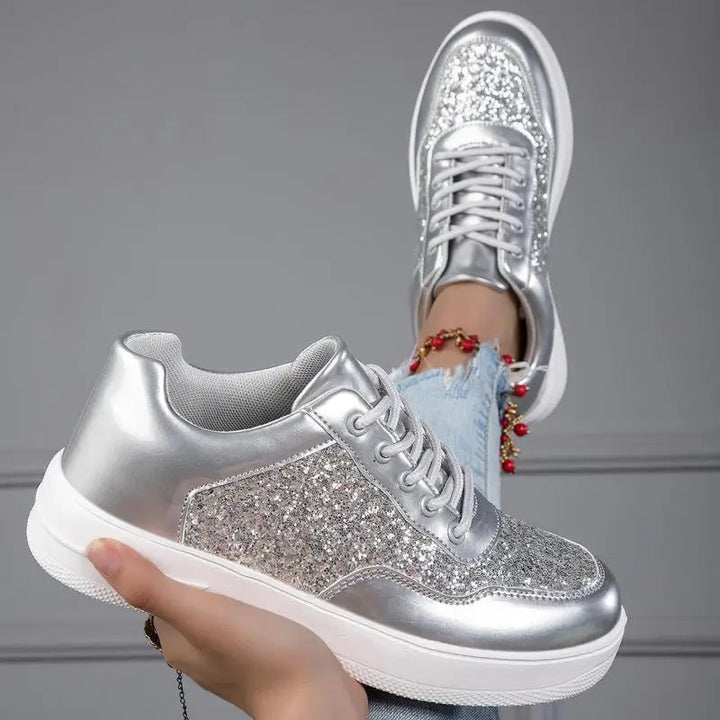 Shiny Silver Women Casual Shoes Leather Platform Sports Shoes Woman Glitter Bling Sneakers Black Flat Sneakers Skateboard Shoes