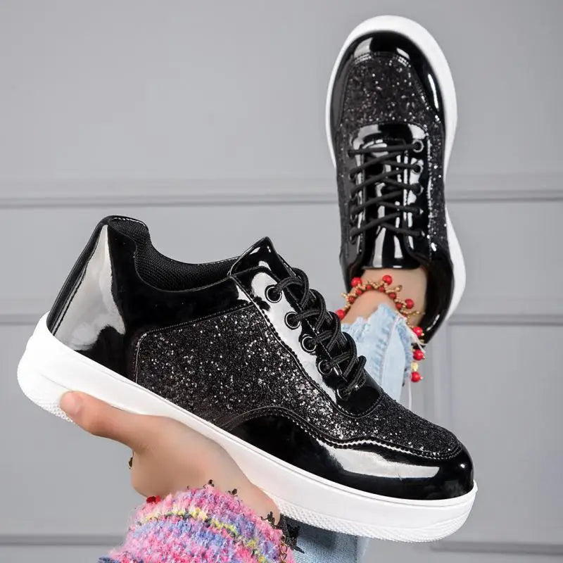 Dropshipman Shiny Silver Women Casual Shoes Leather Platform Sports Shoes Woman Glitter Bling Sneakers Black Flat Sneakers Skateboard Shoes