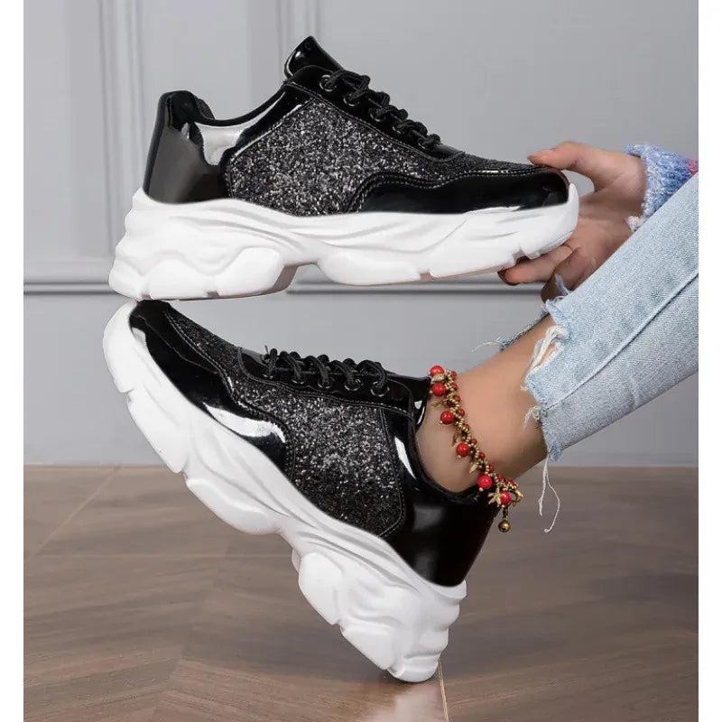Dropshipman Shiny Silver Women Casual Shoes Leather Platform Sports Shoes Woman Glitter Bling Sneakers Black Flat Sneakers Skateboard Shoes