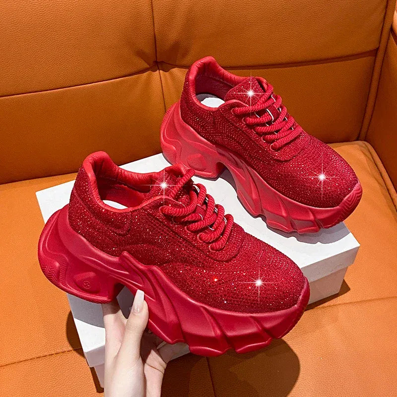 Dropshipman Shoes for Women 2024 New Shiny Rhinestone Women's Sneakers Shoes Autumn Korean Fashion Thick Sole Sports Shoes Zapatos De Mujer