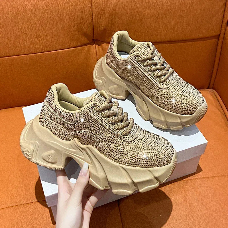 Dropshipman Shoes for Women 2024 New Shiny Rhinestone Women's Sneakers Shoes Autumn Korean Fashion Thick Sole Sports Shoes Zapatos De Mujer