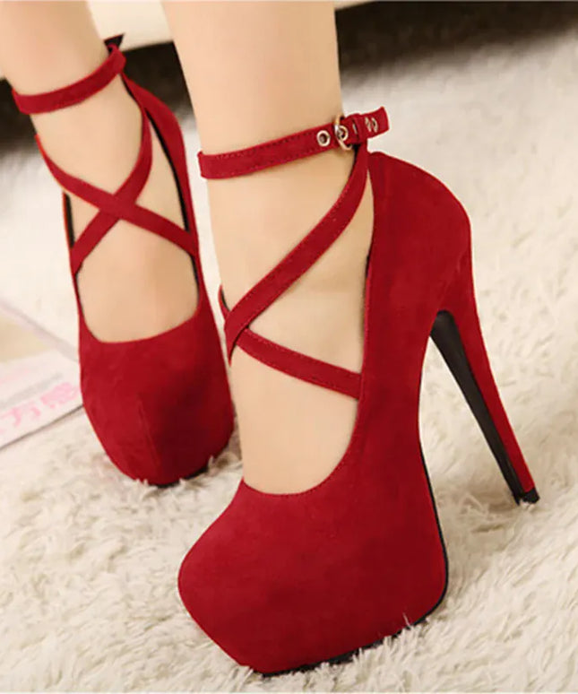 Dropshipman Shoes Woman Pumps Cross-Tied Ankle Strap Wedding Party Shoes Platform Dress Women Shoes High Heels Suede Ladies Shoes Plus Size