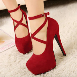 Dropshipman Shoes Woman Pumps Cross-Tied Ankle Strap Wedding Party Shoes Platform Dress Women Shoes High Heels Suede Ladies Shoes Plus Size