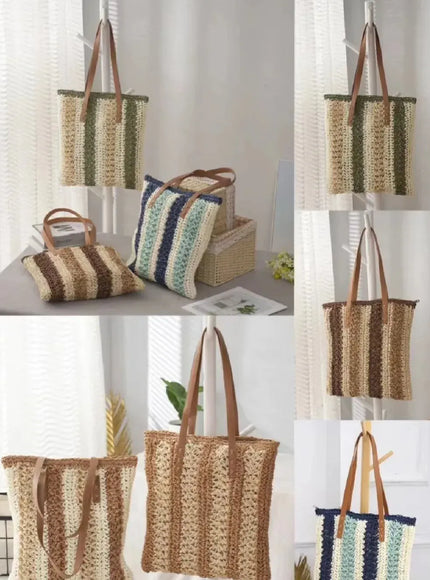 KissICON Shoulder Woven Stripesd Straw Fashionable Handbag –