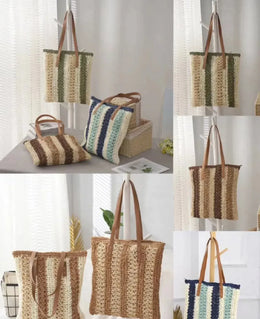 KissICON Shoulder Woven Stripesd Straw Fashionable Handbag –