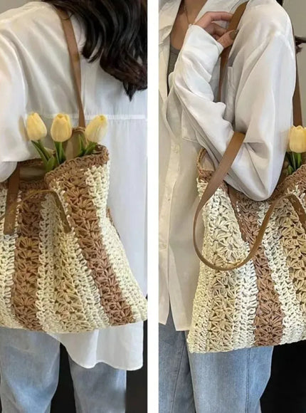 KissICON Shoulder Woven Stripesd Straw Fashionable Handbag –