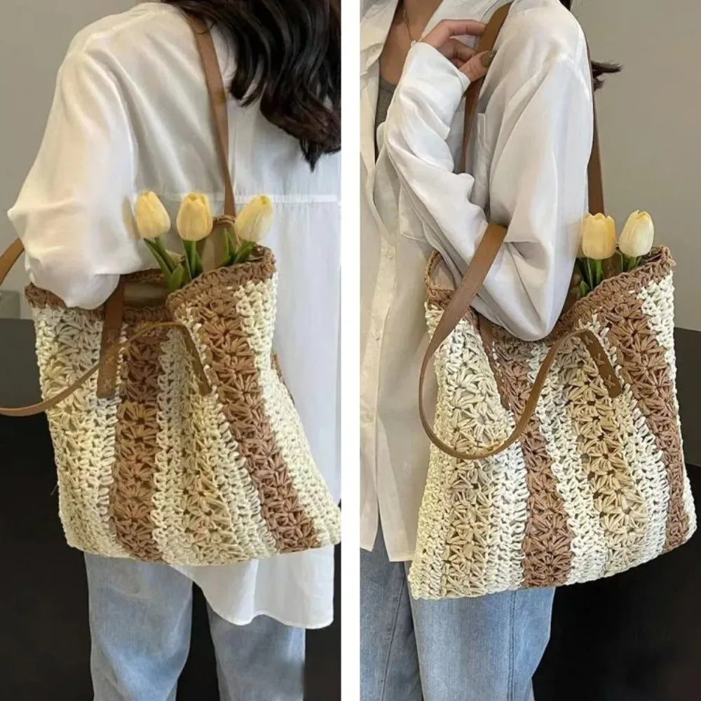 KissICON Shoulder Woven Stripesd Straw Fashionable Handbag –