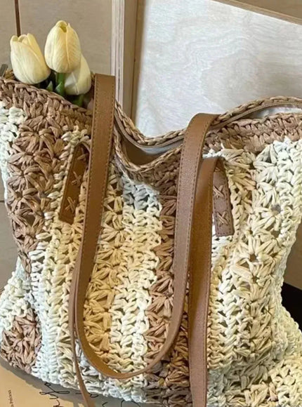 KissICON Shoulder Woven Stripesd Straw Fashionable Handbag –