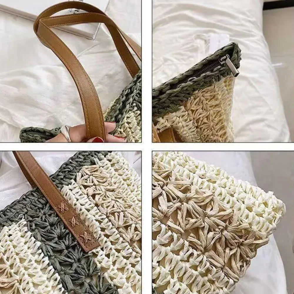 KissICON Shoulder Woven Stripesd Straw Fashionable Handbag –