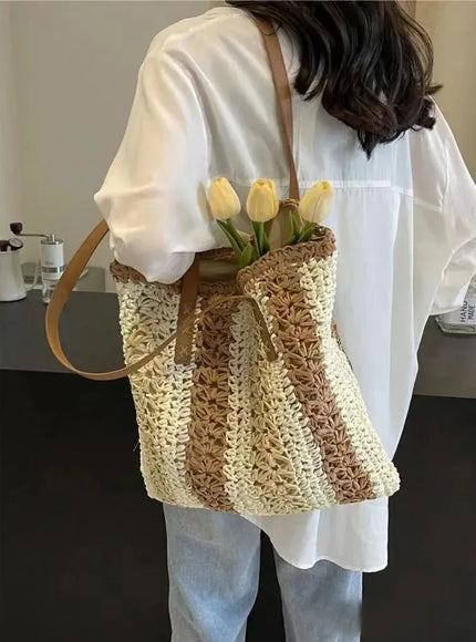 KissICON Shoulder Woven Stripesd Straw Fashionable Handbag –