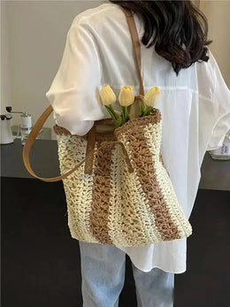 KissICON Shoulder Woven Stripesd Straw Fashionable Handbag –