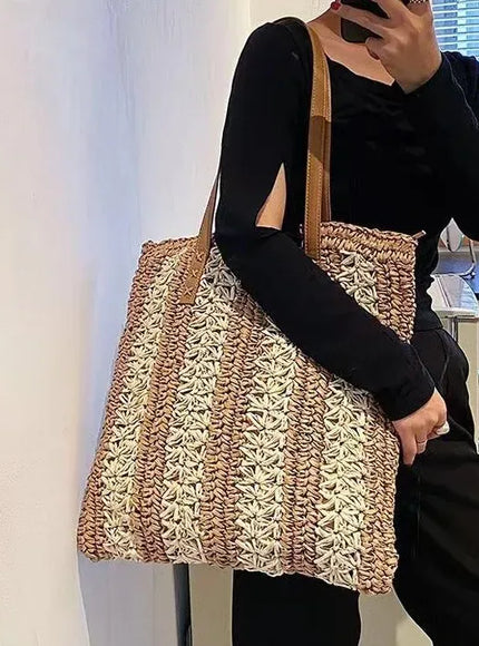 KissICON Shoulder Woven Stripesd Straw Fashionable Handbag –