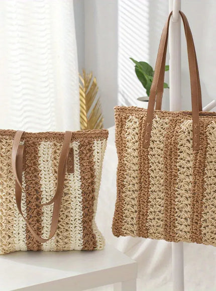 KissICON Shoulder Woven Stripesd Straw Fashionable Handbag –