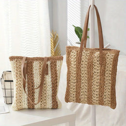 KissICON Shoulder Woven Stripesd Straw Fashionable Handbag –