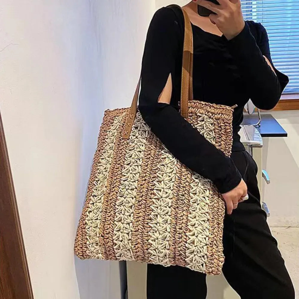 KissICON Shoulder Woven Stripesd Straw Fashionable Handbag –