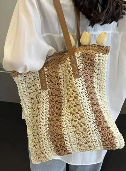 KissICON Shoulder Woven Stripesd Straw Fashionable Handbag –