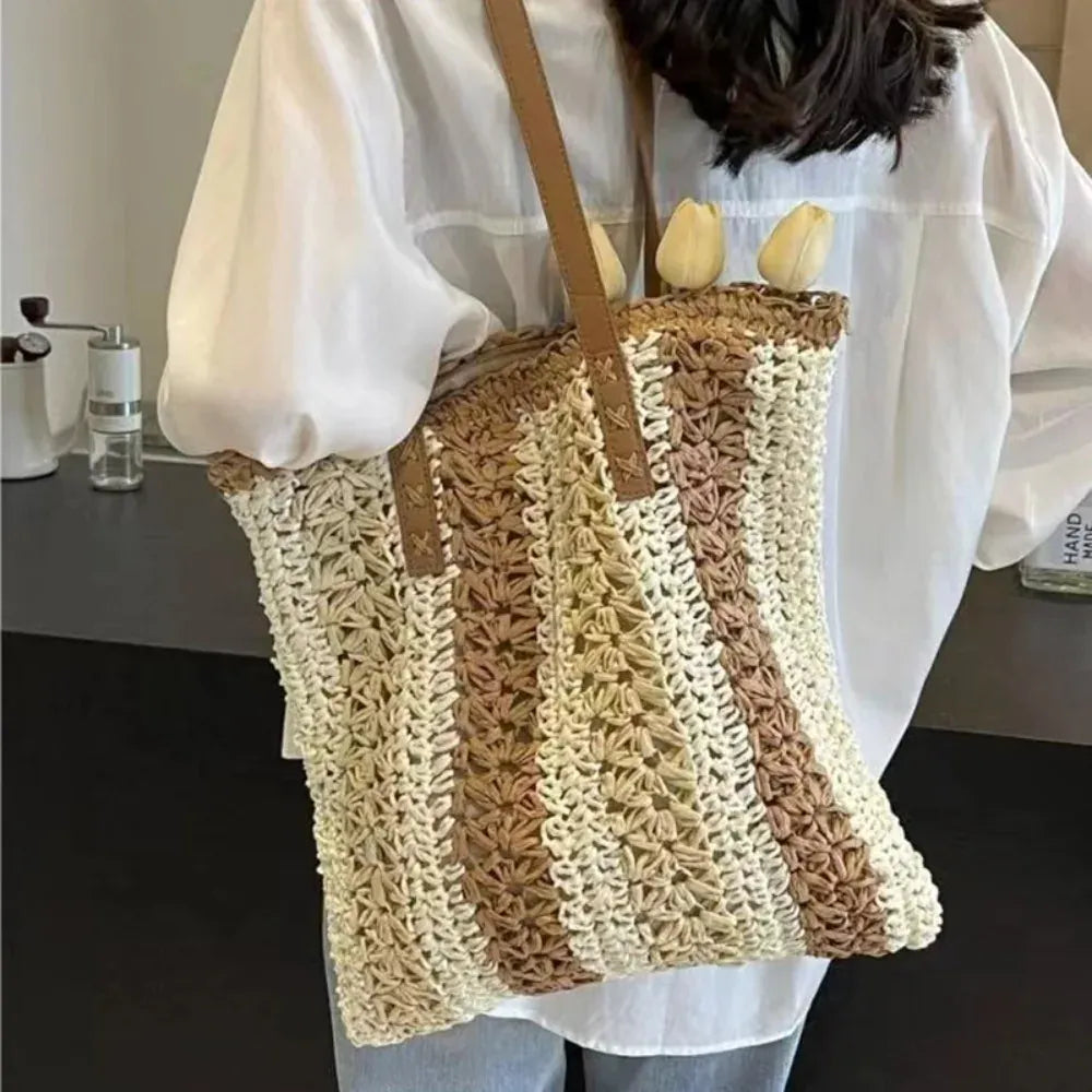 KissICON Shoulder Woven Stripesd Straw Fashionable Handbag –