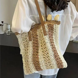 KissICON Shoulder Woven Stripesd Straw Fashionable Handbag –