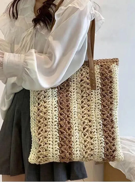 KissICON Shoulder Woven Stripesd Straw Fashionable Handbag –