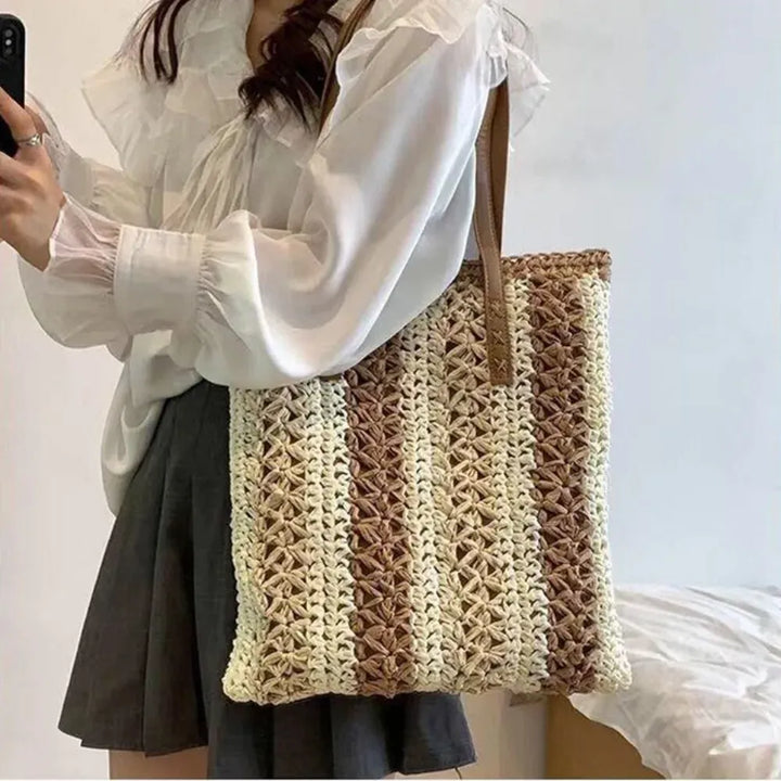 Shoulder Woven Stripesd Straw Fashionable Handbag –