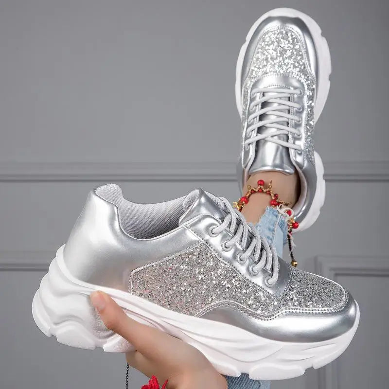 Dropshipman silver 1 / 42 Shiny Silver Women Casual Shoes Leather Platform Sports Shoes Woman Glitter Bling Sneakers Black Flat Sneakers Skateboard Shoes