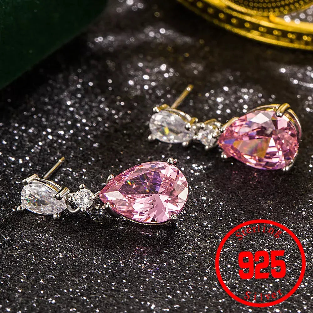 KissICON Silver 1 Drop Earrings Women Engagement Party Exquisite Ear Accessories Fashion Jewelry Temperament Sweet Pink Pear Cubic Zirconia