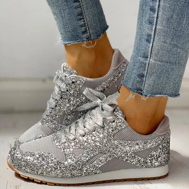Dropshipman Silver / 12 Women Flat Glitter Sneakers Casual Bling Vulcanized Shoes Female Mesh Lace Up Platform Comfort Plus Size Fashion Ladies Autumn99