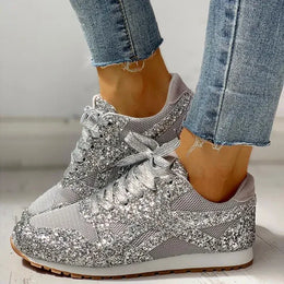 Dropshipman Silver / 12 Women Flat Glitter Sneakers Casual Bling Vulcanized Shoes Female Mesh Lace Up Platform Comfort Plus Size Fashion Ladies Autumn99