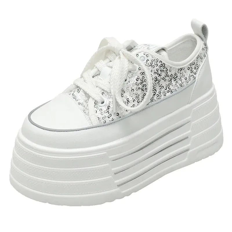 Dropshipman Silver / 35 Bling Leather Flats Casual Dad Shoes Chunky Sneakers Women Platform Sports Shoes Ladies Skateboard Hidden Heels Shoes Tennis