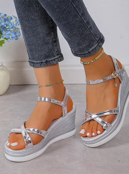 KissICON Silver / 35 Gold Silver Pu Leather Wedges Sandals for Women