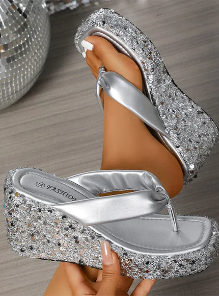KissICON Silver / 35 Silver Gold Shiny Sequin Wedge Slippers for Women