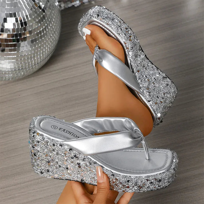 KissICON Silver / 35 Silver Gold Shiny Sequin Wedge Slippers for Women