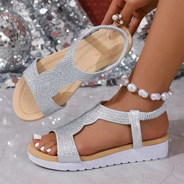 KissICON Silver / 36 Shiny Crystal Wedges Sandals for Women Fashion Gold