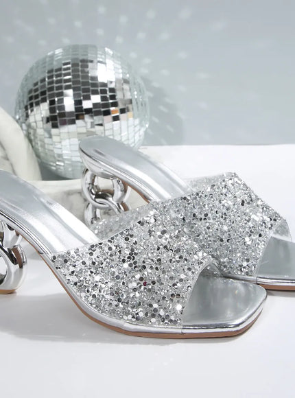 KissICON Silver / 38 Shiny Glitter High Heels Sandals Women Slip On