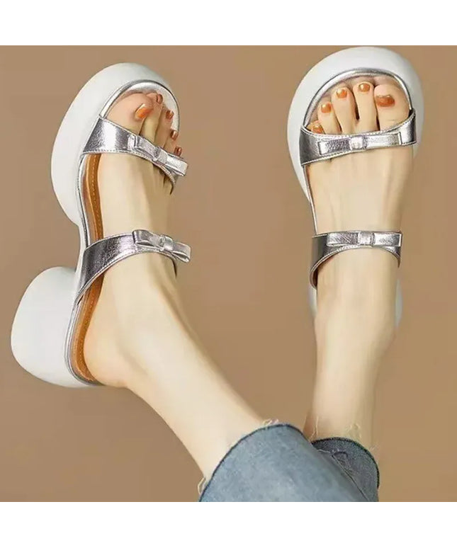 KissICON Silver / 39 Gold Silver Bowtie Thick Heels Sandals for Women