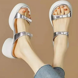 KissICON Silver / 39 Gold Silver Bowtie Thick Heels Sandals for Women