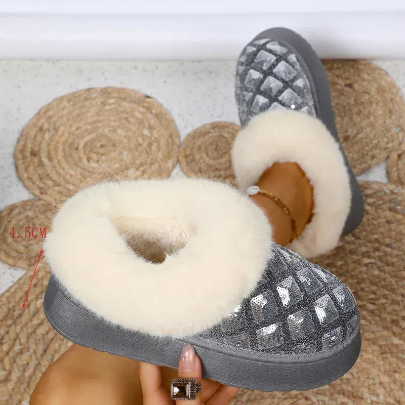 KissICON Silver / 39 Shiny Sequin Faux Fur Snow Boots for Women