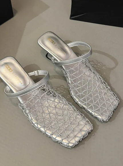 KissICON Silver / 40 Mesh Silver Med Heels Sandals for Women Fashion
