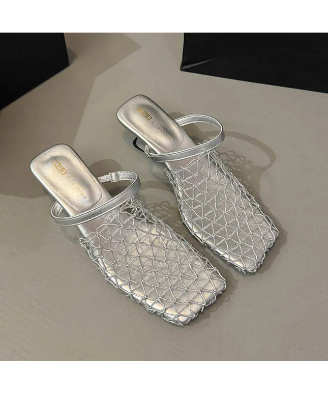 KissICON Silver / 40 Mesh Silver Med Heels Sandals for Women Fashion