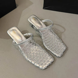 KissICON Silver / 40 Mesh Silver Med Heels Sandals for Women Fashion
