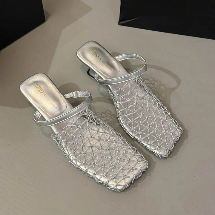 Mesh Silver Med Heels Sandals for Women Fashion