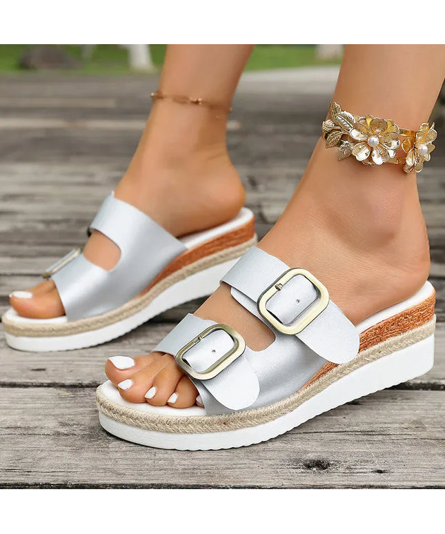 KissICON Silver / 41 Buckle Decor Wedges Sandals for Women Summer Light